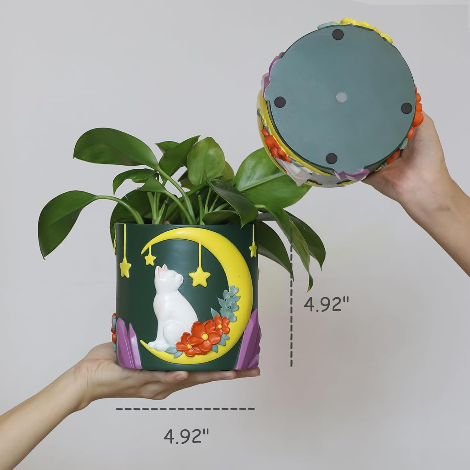 GUGUGO Colorful Moon Cat Plant Pots, Cute Unique Succulent Planters with Drainage, Rainbow Small Colorful Flower Planters Pots for Indoor Plants, Funny Eclectic Home Décor (B, Green, 5Inch)