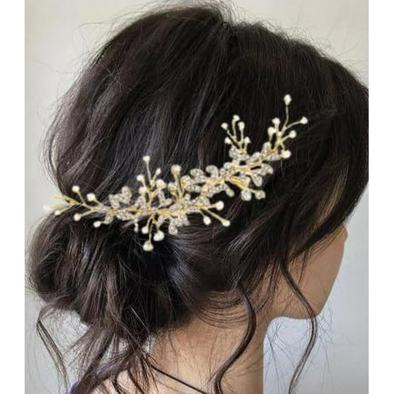 Wedding Bride Crystal Hair Vine Rhinestones Headpieces Leaves Bridal Headbands Pearl Hair Accessories for Women and Girls (15.7Inches) (Gold)