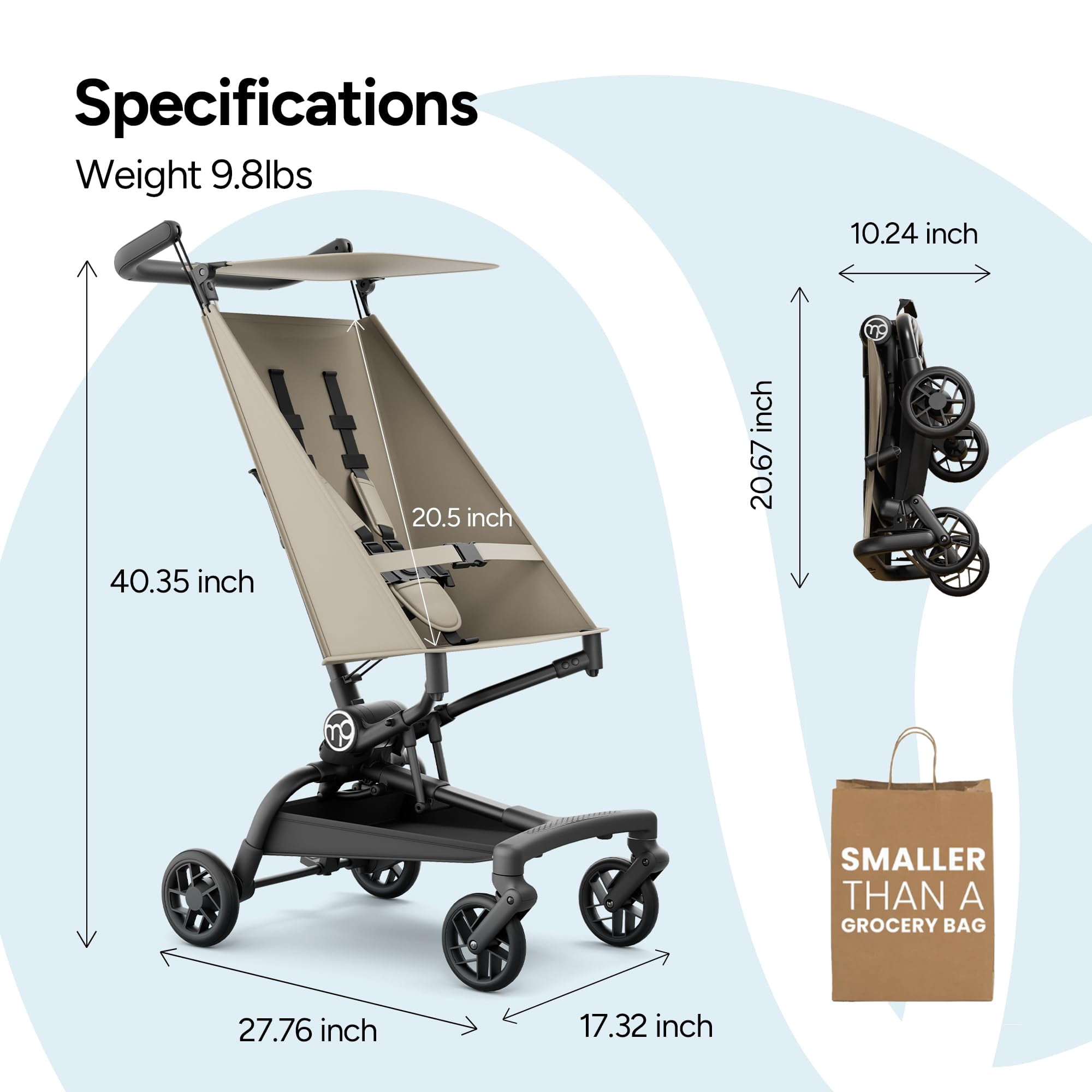 Mompush Jeto Lightweight Travel Stroller, Ultra-Compact One-Hand Fold, for Ages 6–36 Months, Khaki, 10.1LB, Unisex
