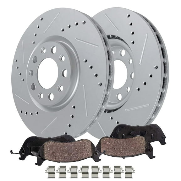 Detroit Axle - Front Brake Kit for Jeep 2018-2023 Wrangler, Drilled and Slotted Disc Brake Rotors Ceramic Brakes Pads with Hardware Replacement : 12.99" inch Rotor