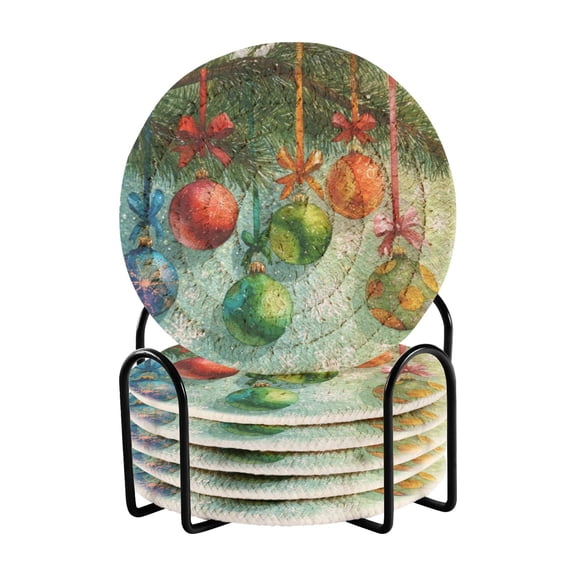 6 Pcs Drink Coasters with Holder 3.94in Woven Coasters for Drinks Christmas Ornaments Watercolor Painting Coaster Set for Protection Table