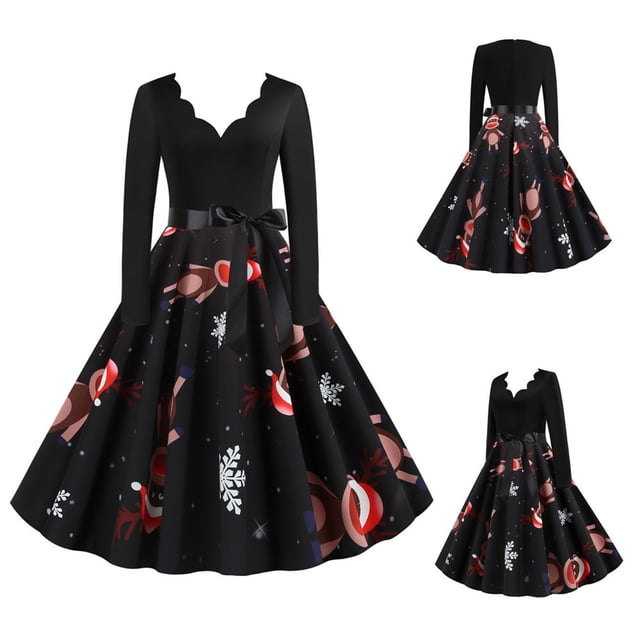 Robe Patchwork pour Femmes Robes Rockabilly Vintage Robe de Fête de Noël avec Nœud