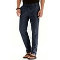 thumbnail image 3 of JWD Men's Cotton Linen Pants Elastic Waist Drawstring Casual Trouser Lightweight Straight-Legs Loose Beach Yoga Pants Navy Blue-US 38, 3 of 4