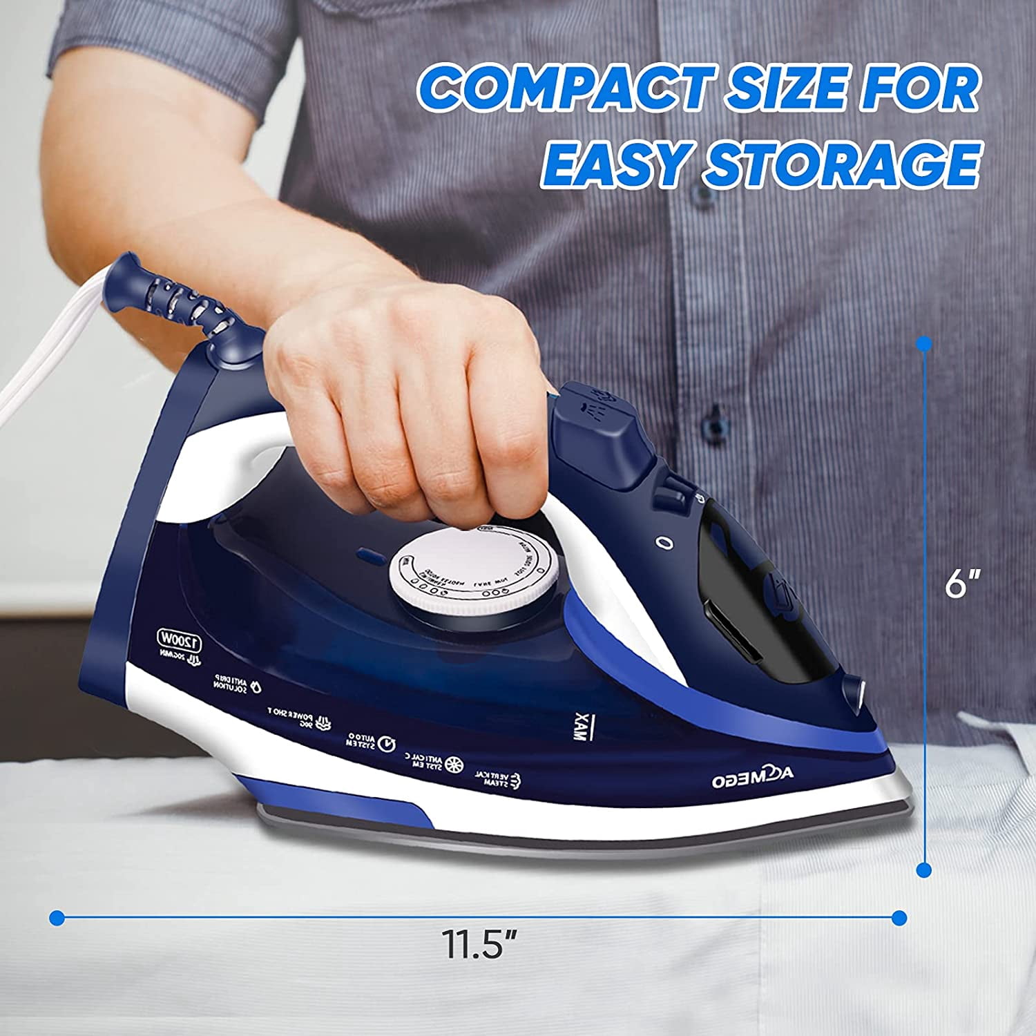AEMEGO Steam Iron for Clothes Lightweight Portable Iron with Non Stick Ceramic Blue