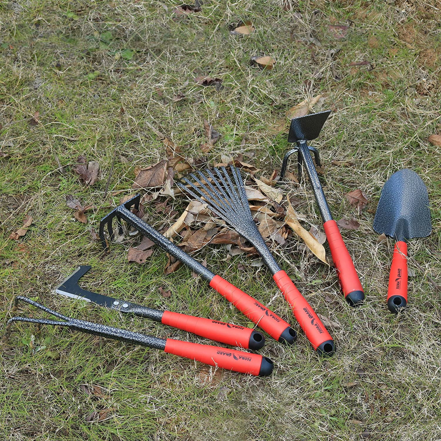 FLORA GUARD Garden Tool 6 Piece Set，Heavy Duty Stainless Steel Gardening Hand Tools Set  perfect for all gardens and indoor plants.（Red and Black）