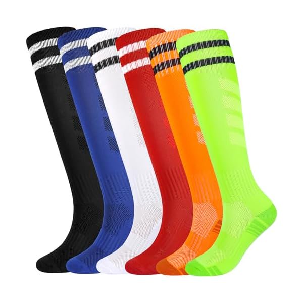 WAYANKids Soccer Socks Boys Football Socks 6 Pairs Girls Striped Knee High Sock Baseball Softball Sports Youth 5-14 Years