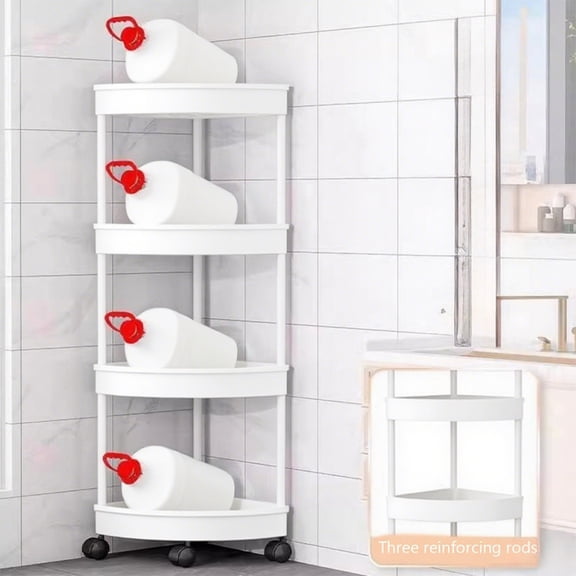 FEOLGEHLY 4-Tier Floor Standing Corner Shower Caddy Organizer Shelf, Bathroom Shelves Stand Rack with Wheels, Plastic Splicing Floor Corner Shelf Rack Storage Stand, 13.6x 31.5", White