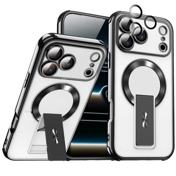 ELEHOLD Magnetic Case for iPhone 17 Pro, Clear Shockproof Cover with Kickstand, Built-in Lens Protector,Black