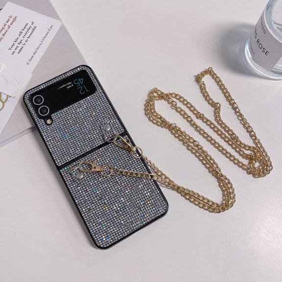 SaniMore for Samsung Galaxy Z Flip 3 (6.7" 2021) Case, Glitter Bling Diamond Fashion Stylish [Detachable Metal Crossbody Lanyard] Shockproof Antidrop Wear-resistant Shell for Galaxy Z Flip 3, Black