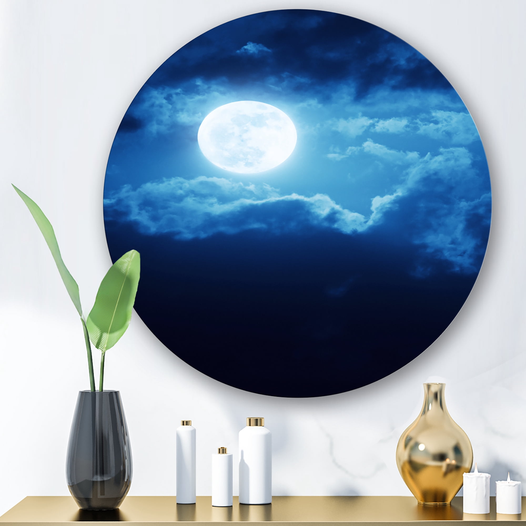 Designart 'Full Moon Night in Cloudy Sky III' Nautical & Coastal Circle Metal Wall Art 23x23 - Disc of 23