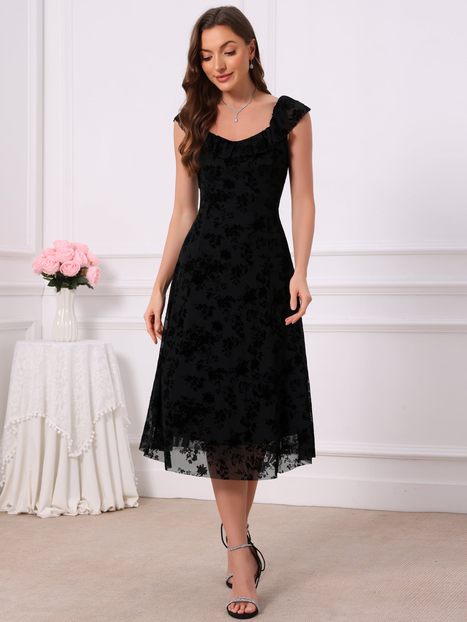 DARING DIVA Women's Gothic Sweetheart Neck Sleeveless Floral Dress XL Black