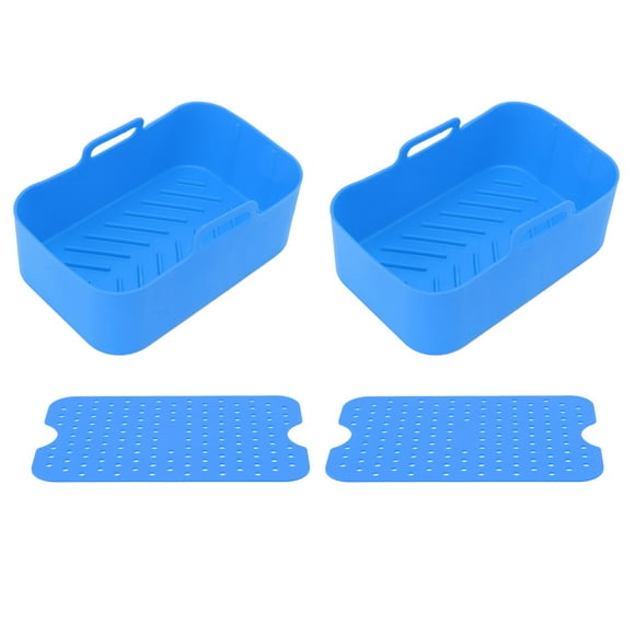 2 Sets Kitchen Fryer Silicone Basket and Mat Reusable Non Stick Rectangular Air Oven Accessories for Ninja DZ201 Foodi 8QT Blue