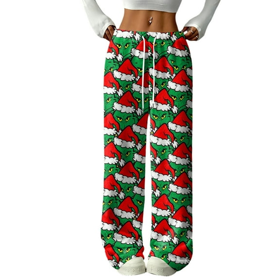 Women's Casual And Fashionable Greentown Printed Elastic Waist, Loose Straight Leg With Plush Pants With Rope