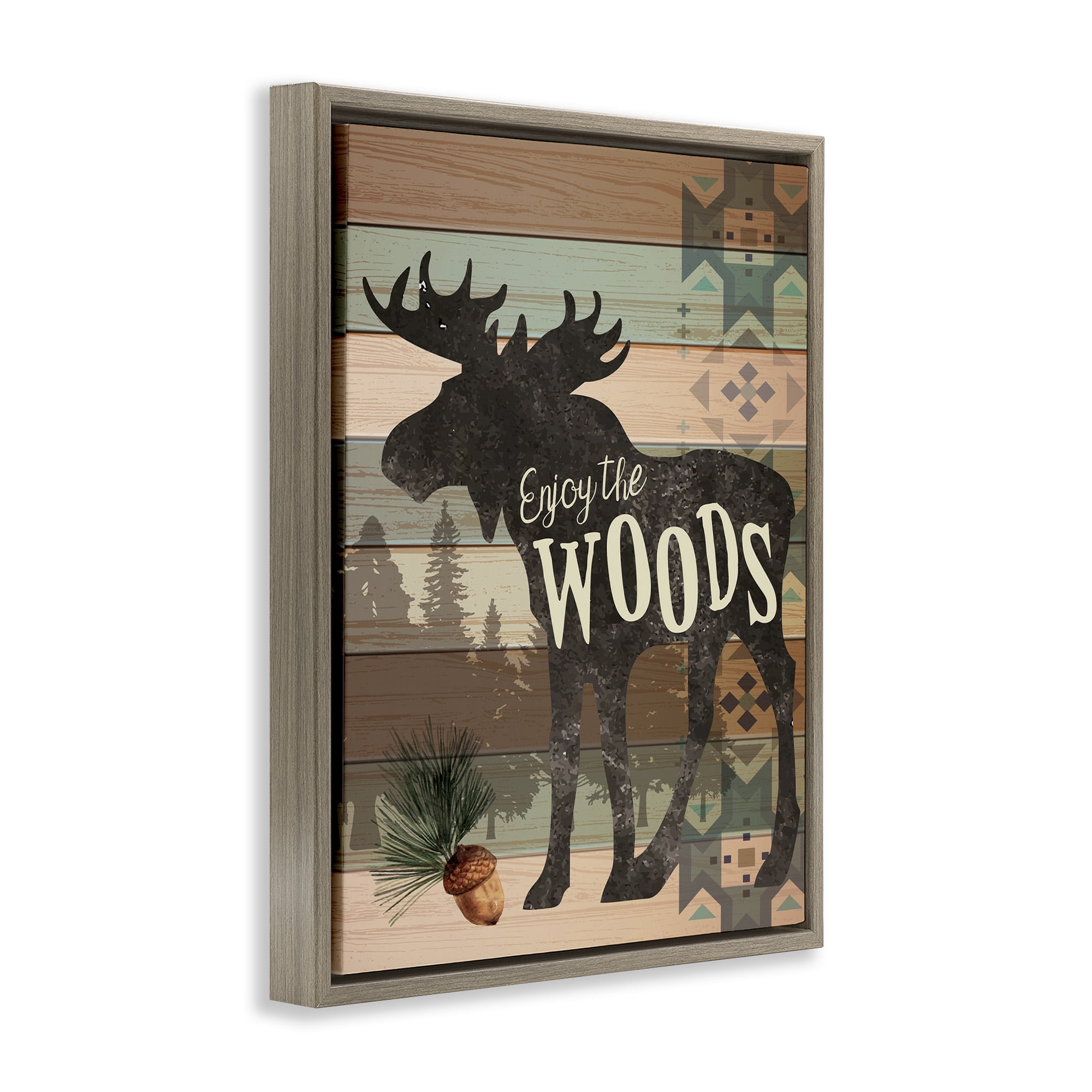 Stupell Industries Enjoy The Woods Patterned Moose Animals & Insects Painting Brown Floater Framed Canvas Art Print Wall Art, 17 x 21