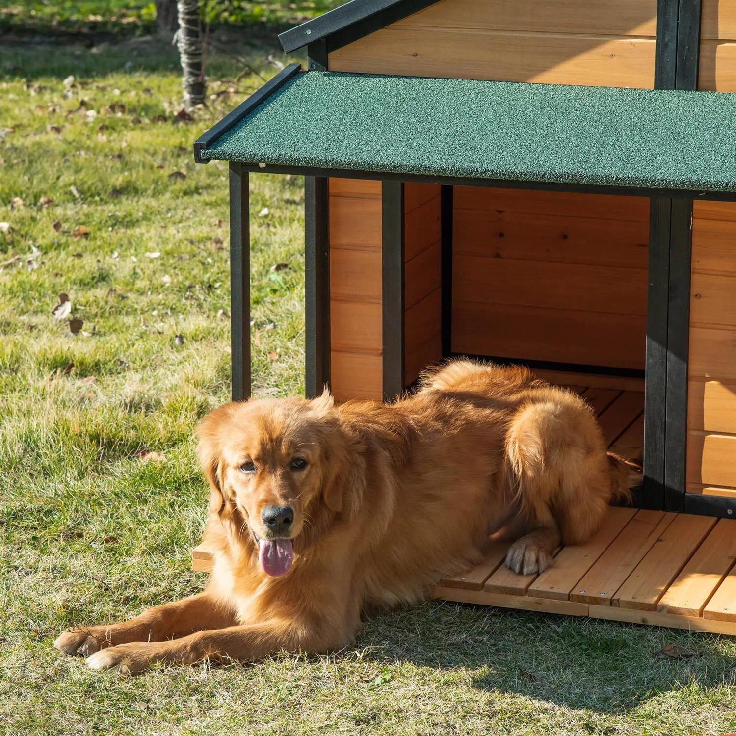 Pefilos 50" Outdoor Cabin Style Dog House with Porch, Wooden Dog Kennel Weatherproof for Small to Medium Dogs, Yellow