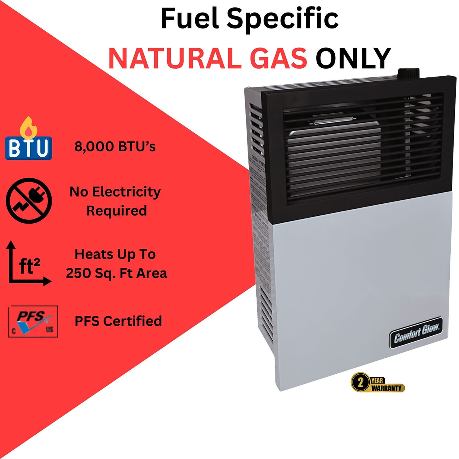 Comfort Glow 8,000 BTU Direct-Vent Natural Gas Wall Heater with Vent Kit, Matchless Piezo Ignition with Adjustable Heat Control, 250 Sq. Ft, DVN08