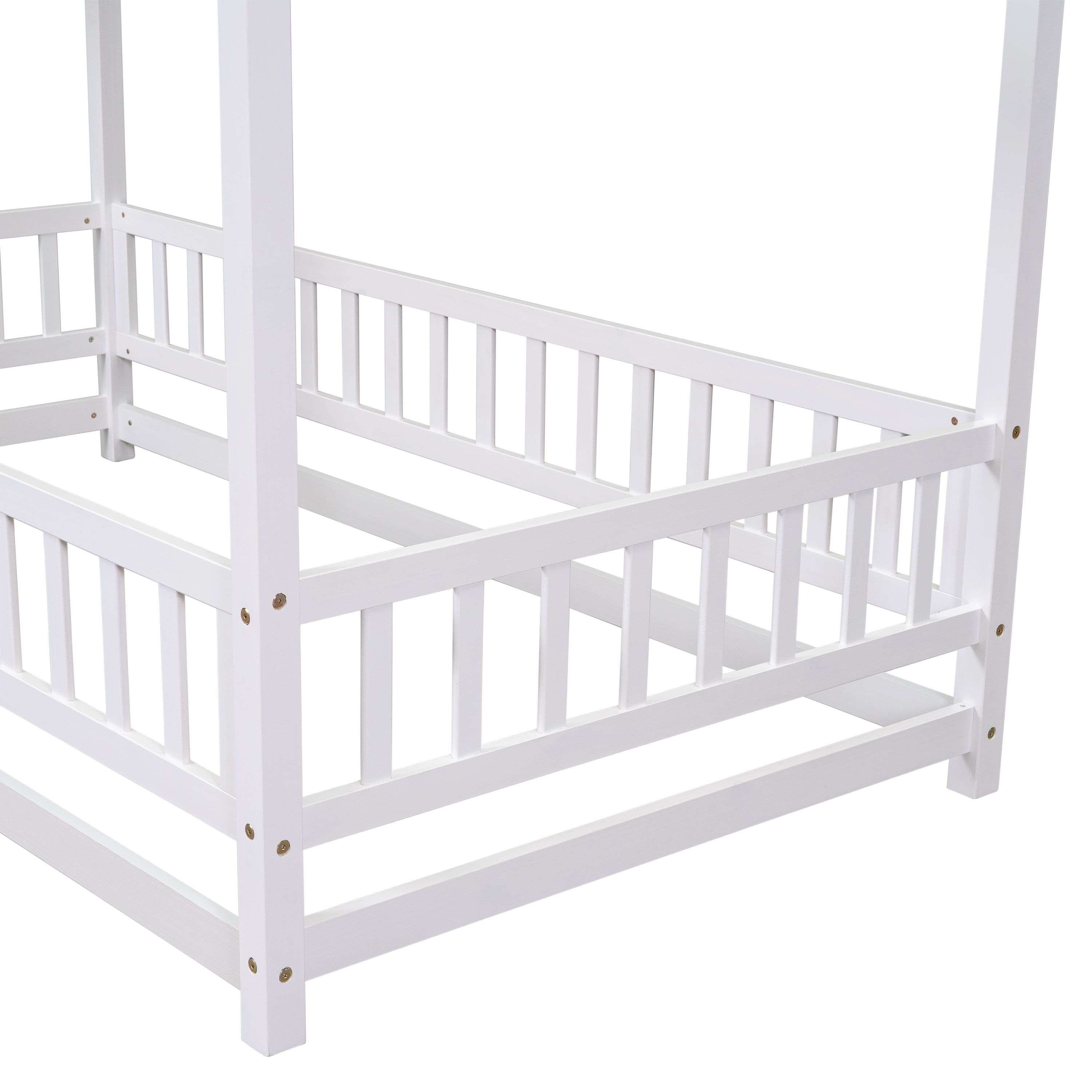 Miniyam Kids Twin Montessori House Floor Bed with Fence, Wood Roof Frame, White