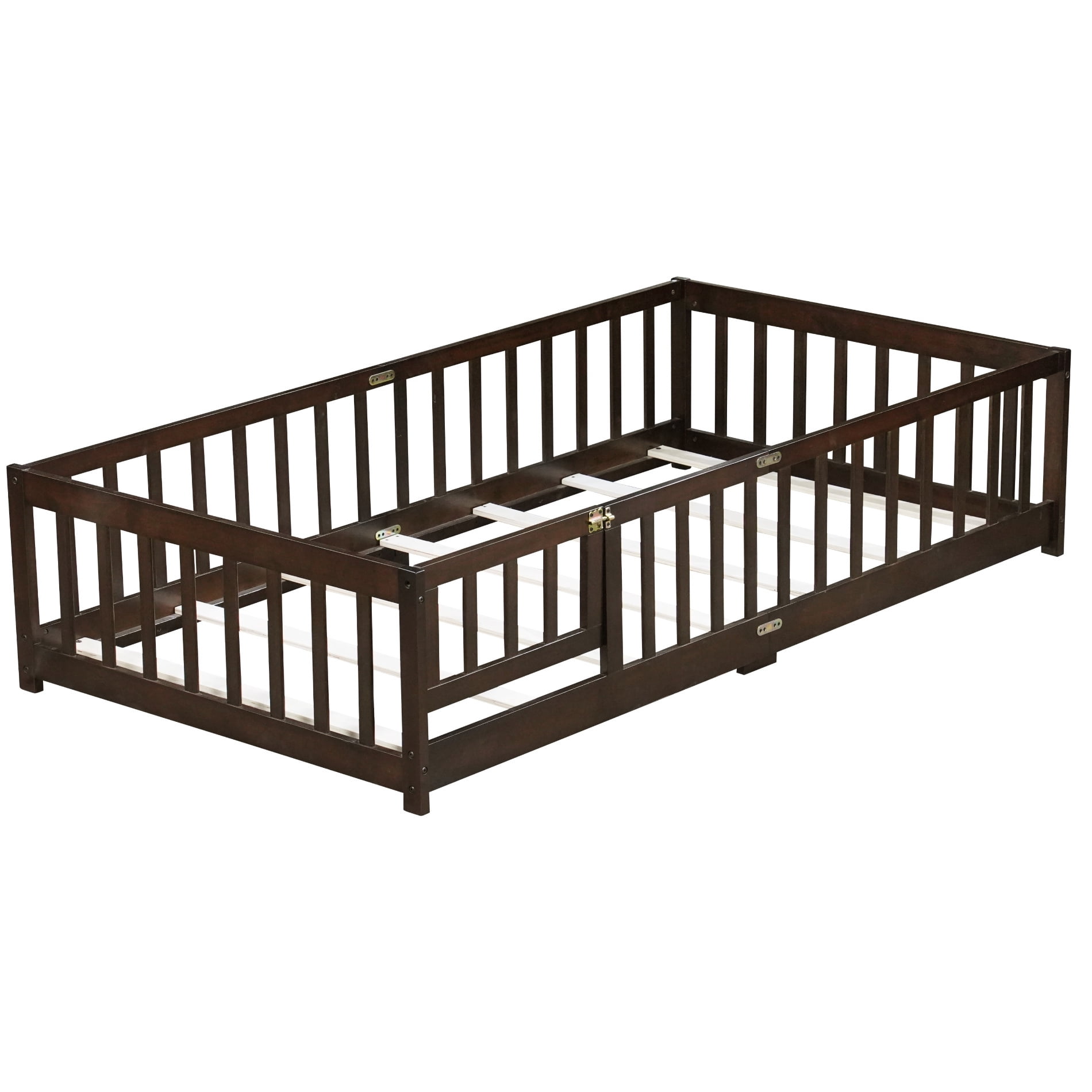 Alvantor Twin Size Floor Bed for Toddler, Solid Wood Floor Bed with Door and Fence Guardrail, Montessori Floor Bed for Boys, Girls,Espresso