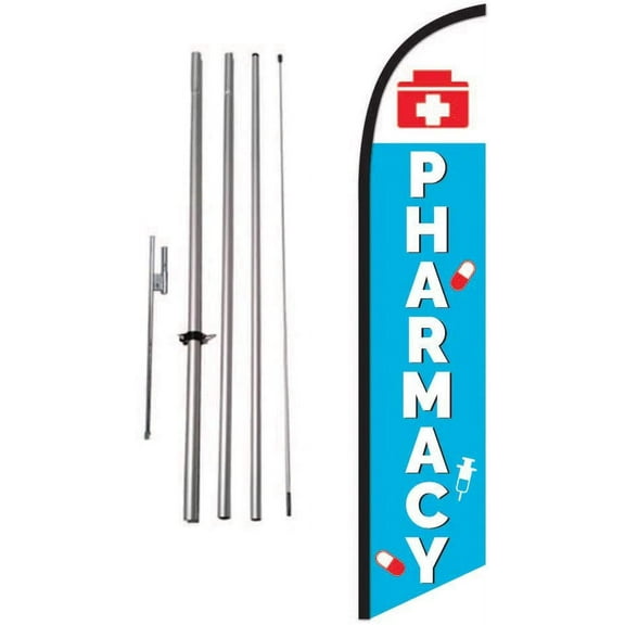 Pharmacy Store Advertising Feather Banner Swooper Flag Sign with Flag Pole Kit and Ground Stake