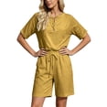 thumbnail image 6 of Women's Half Placket V Neck 3/4 Sleeve Top Drawstring Pocket Bermuda Shorts 2 Piece Outfit, Solid Summer Beach Casual Matching Set Yellow XXXXXL(XXXXXL), 6 of 7