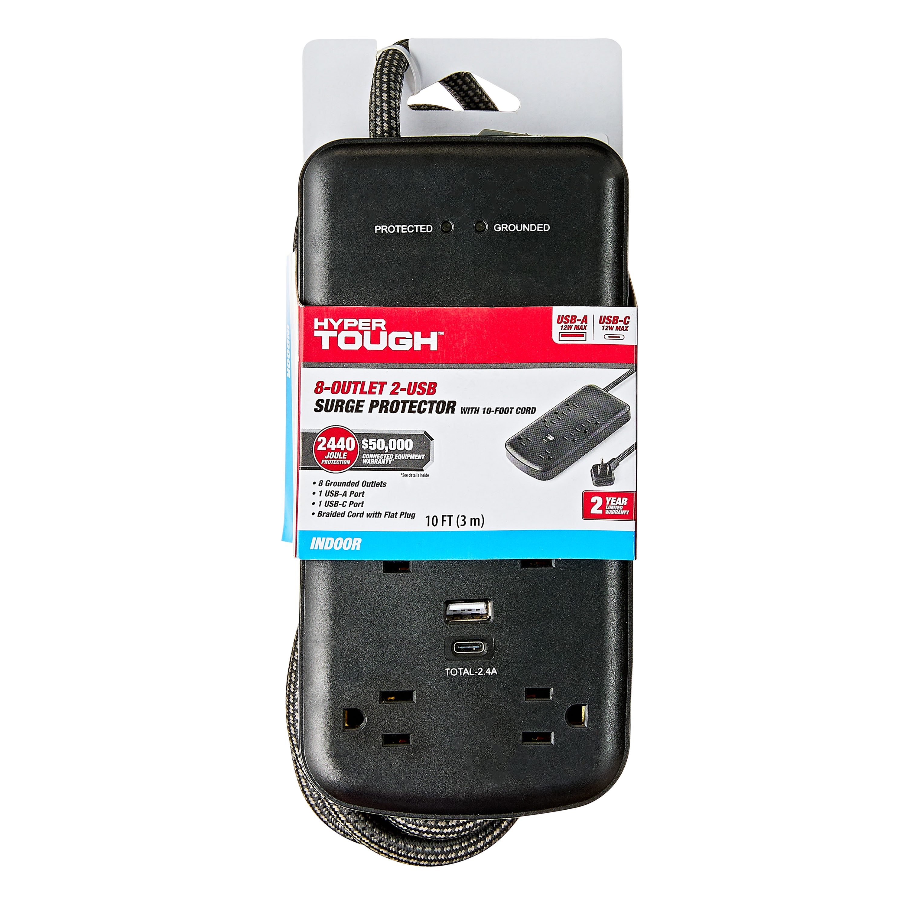 Hyper Tough Surge Protector Power Strip with USB-A, USB-C, 8 Outlets, 10ft Extension Cord, Black