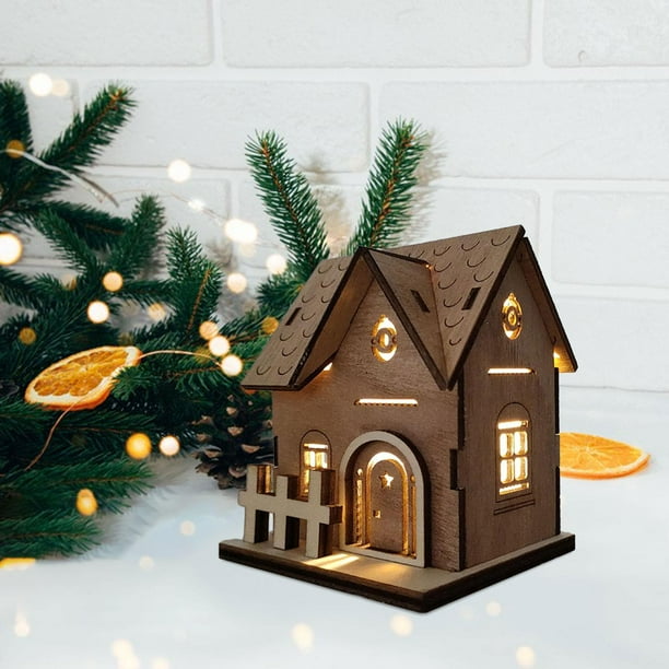 Adornos navideños de de madera, casa de madera rústica iluminada, casa de Navidad LED, para escritorio de celebración de fiesta de boda en casa Estilo B Macarena Casa de mesa