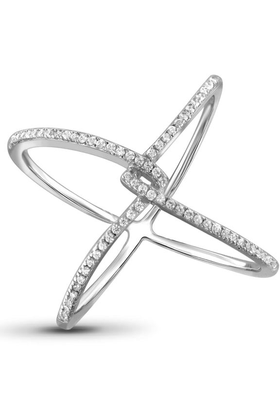 Sterling Silver Criss Cross Ring 0.15 Carat White Diamond Ring with .925 Sterling Silver X Ring Real Diamond Criscross Ring with Hypoallergenic Sterling Silver Ring Band