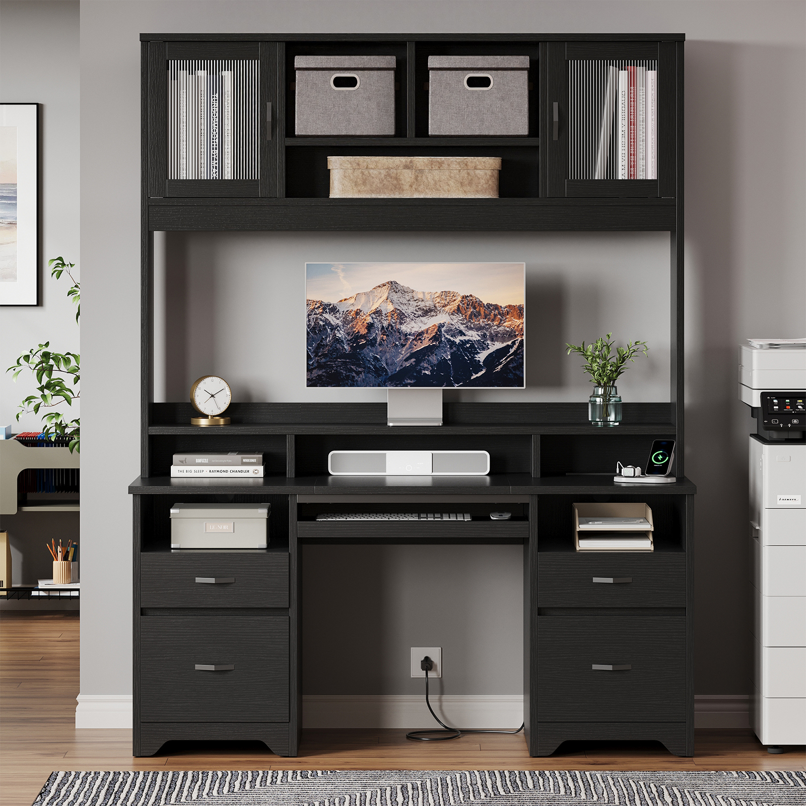 Bestier Executive Desk with Hutch, 77.8" H Modern Wood Computer Desk with Drawers,Charging Station, LED Light, Fluted Storage Cabinet, Keyboard Tray, 59" W Office Desk for Home Office, Black