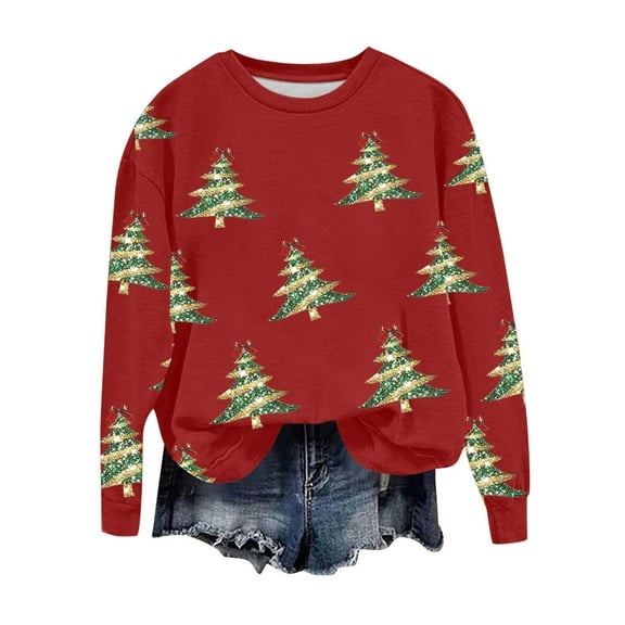 Lorytime Crew Neck Sweatshirts Women Christmas Tree Print Shirt Long Sleeve Pullover Drop Shoulder Tops for Holiday