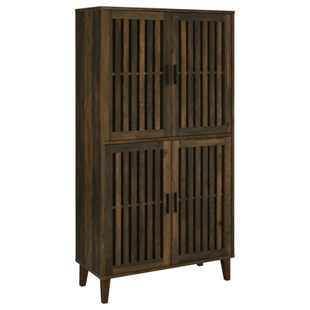 69 Inch Tall Accent Cabinet- Vertical Slatted Design- Brown and Black