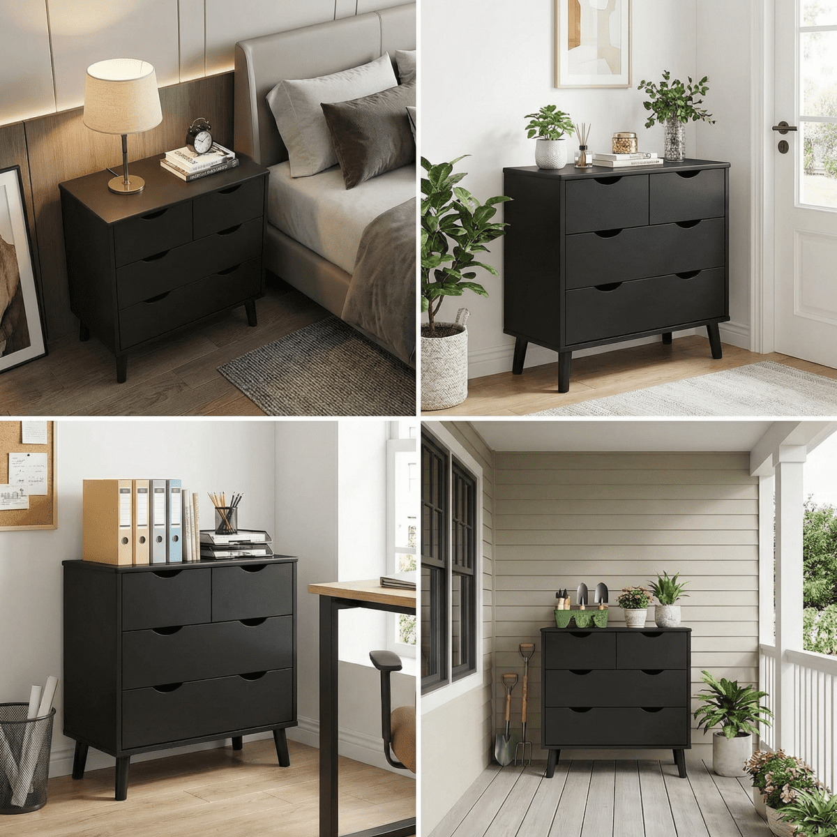 RichYa 4 Drawer Dresser for Bedroom Wood Storage Dresser Black Sofa Table Nightstand Chest of Drawer