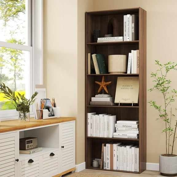 5 Shelf Bookcase, 64 inch Tall Bookshelves and Bookcases, Wooden Open Display Storage Organizer Shelves, Floor Standing Unit, 5 Tier Bookshelf for Bedroom Living Room (Walnut)