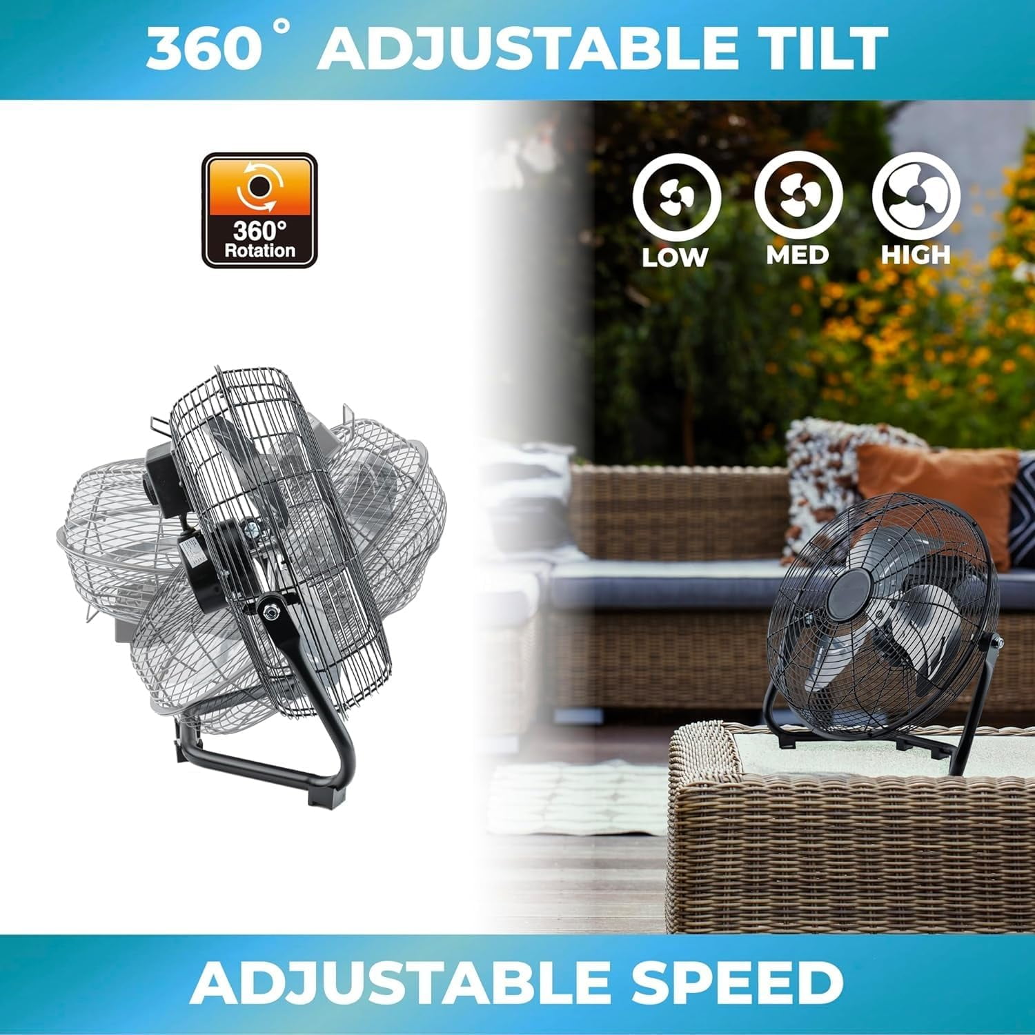 EZ-Chill 12" 3-Speed Cradle Fan with 180 Degree Adjustable Tilt 3 Speed, All-Metal, Carry Handle, Rubber Feet, Black