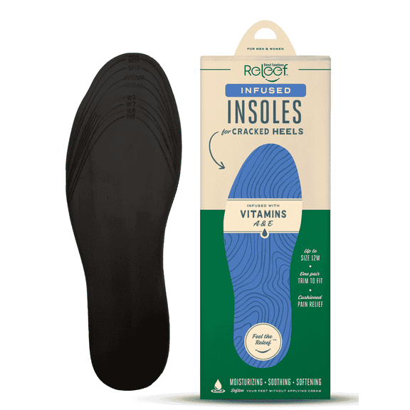 Cracked Heel Relief Infused Insoles for Dry Feet | Vitamin A & E Infused Moisturizing Shoe Inserts | Latex-Free Shock Absorbing Cushion | Trim to Fit Up to Size 13 Boots, Sneakers, Flats & Slippers
