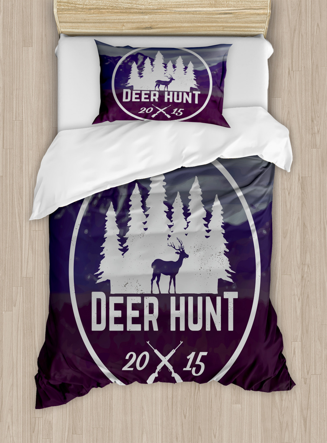 Hunting Duvet Cover Set Twin Size, Deer Hunt Emblem Design Pines with