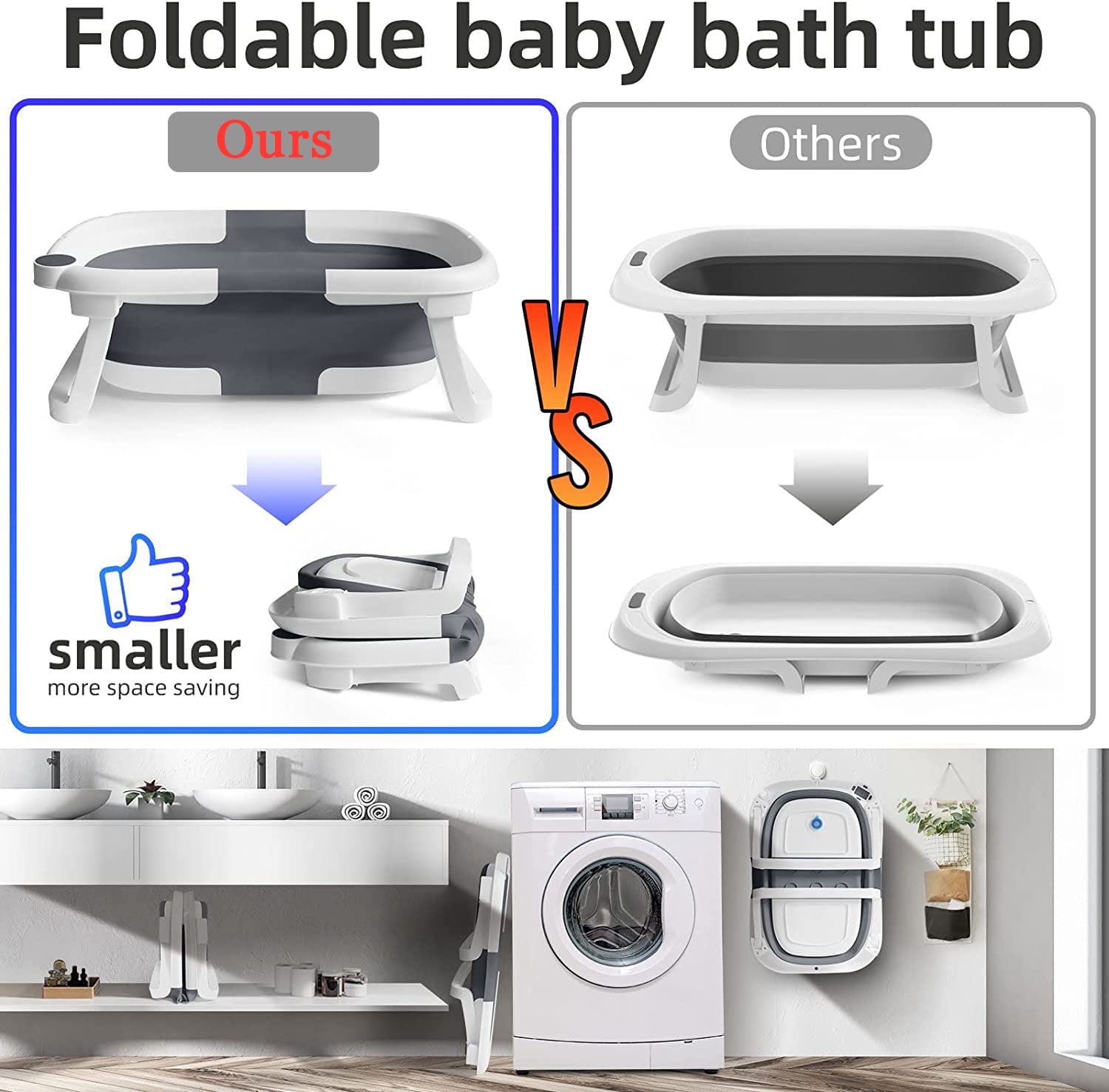 TOPCHANCES Collapsible Baby Bathtub with Thermometer, Newborn Baby Shower Tub with Baby Tub Cushion & Bath Net, Portable Baby Folding Bathtub for 0-12 Month Newborn, Grey