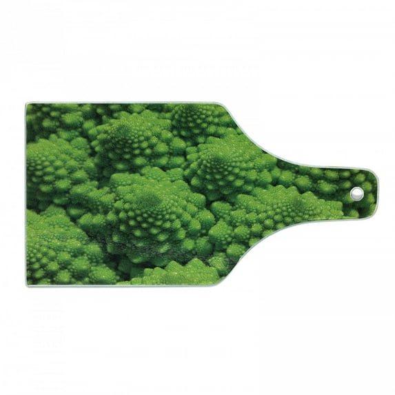 Nature Cutting Board, Broccoli Kale Mother Earth Herbs Themed Fractal Background Foliage Modern Design, Tempered Glass Cutting and Serving Board, Wine Bottle Shape, Lime Green, by Ambesonne