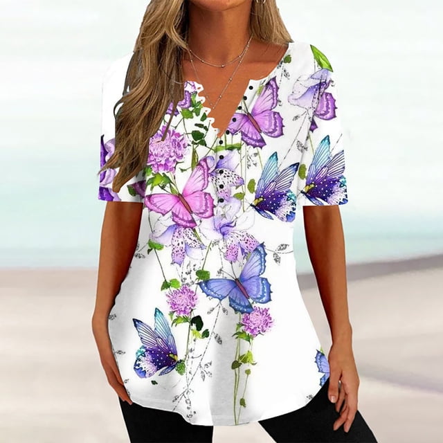 Puntoco 2024, tops a la moda de verano para mujer, blusas informales holgadas con estampado de cuello en V de verano para mujer, blusas con botones y cuello en V de manga corta, tops