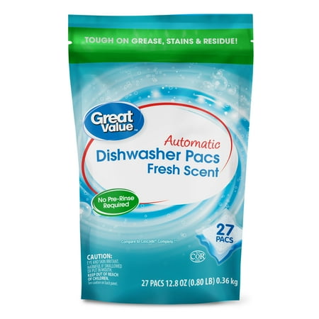 Great Value Automatic Dishwasher Pacs, Fresh Scent, 27 Count