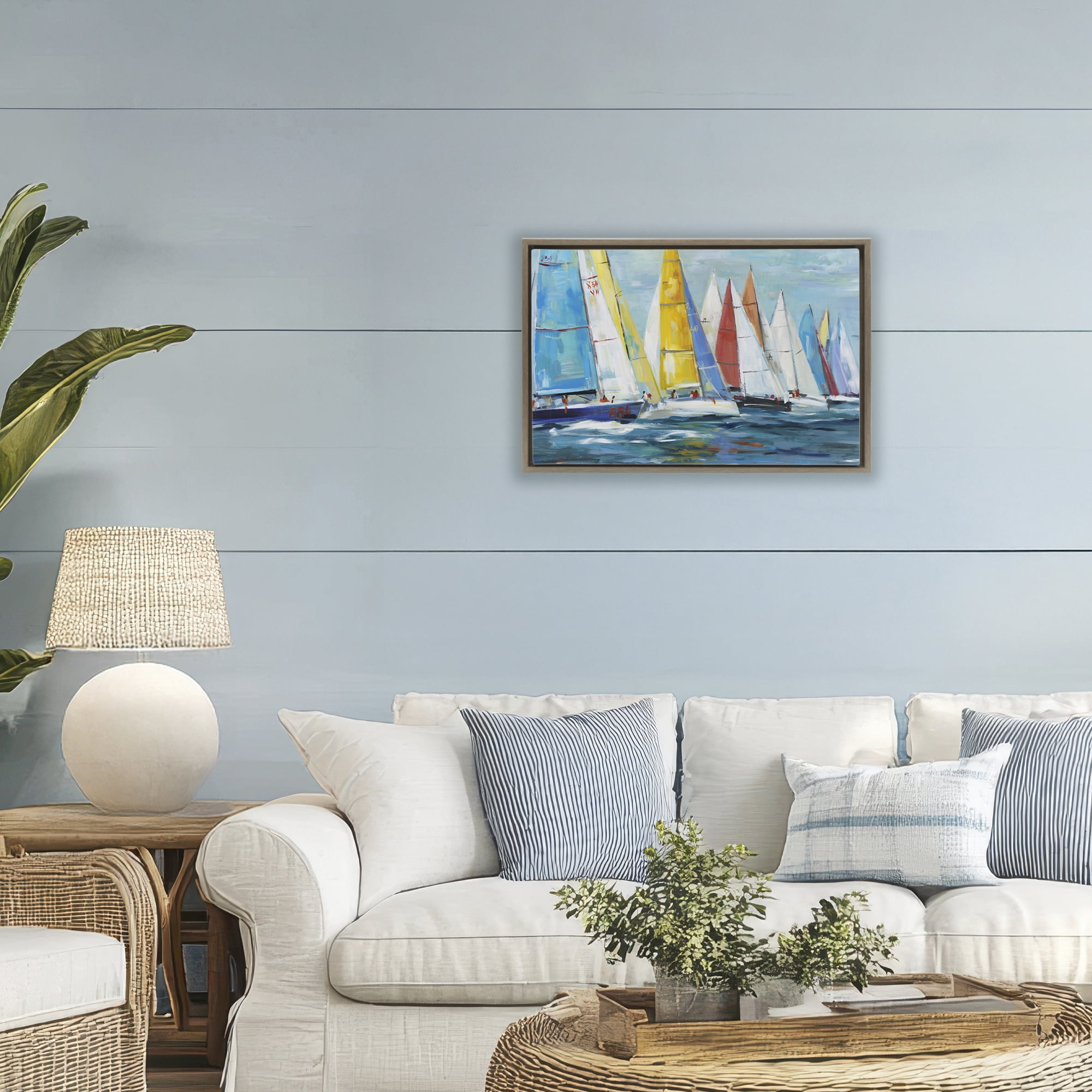 Stupell Industries Colorful Sails Coastal Scene Brown Framed Floater Canvas Wall Art, design by Lorenzo Collective