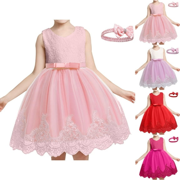 WRKEKC Girls Dresses Princess Dress Sleeveless Round Neck Lace Tulle Dress Elastic Waist with Hair Accessory for 3-10 Years Kids Solid Color