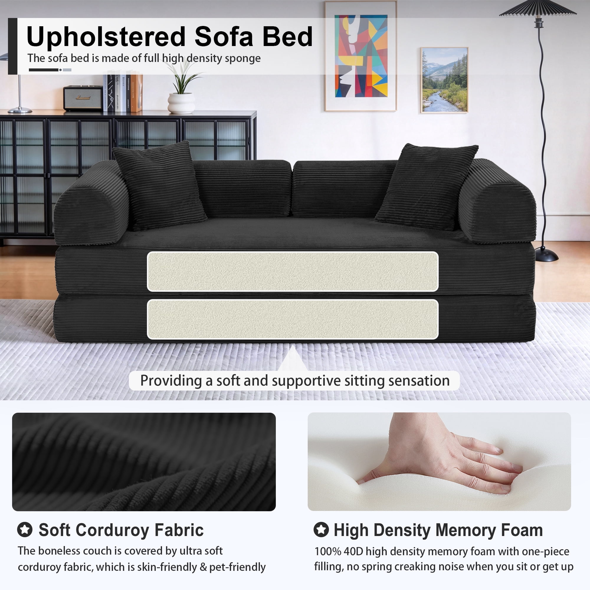 Convertible Floor Sofa Bed, Holaki 63" Foldable Compression Loveseat Lounge Sleeper Sofa with Pillow & Fixed-Shape Frame, Corduroy Folding Boneless Sofa Couch for Living Room, Small Space, Black