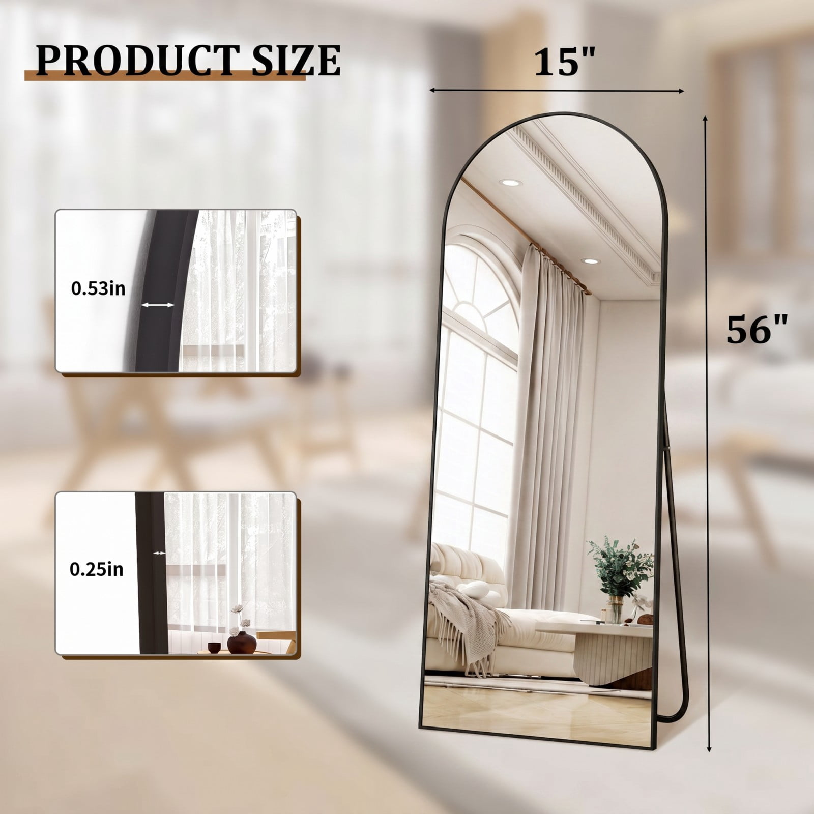 SHATTERVIEW 56"x15" Arched Full Length Mirror Floor Mirror with stand, Black