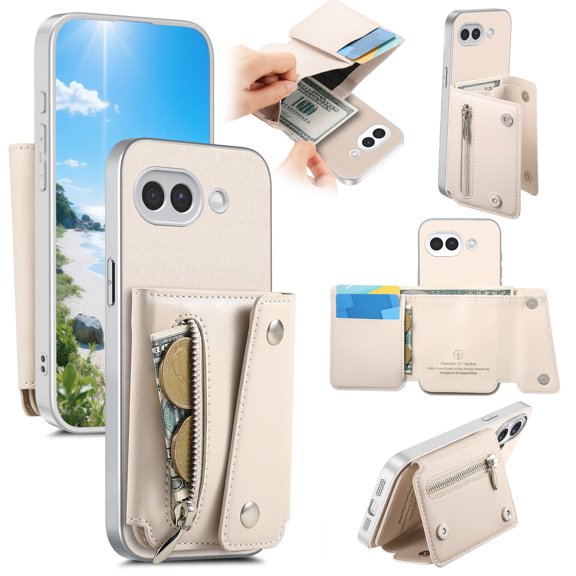 Decase Wallet Case for Google Pixel 9A with Zipper Pocket Card Slots Cash Holder Magnetic Kickstand PU Leather Cover, Beige