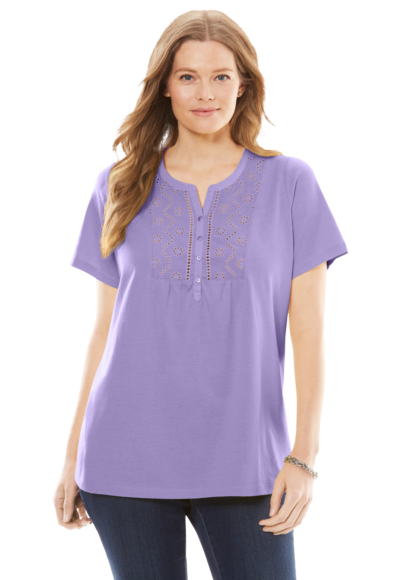Woman Within - Woman Within Women's Plus Size Eyelet Henley Tee Henley ...