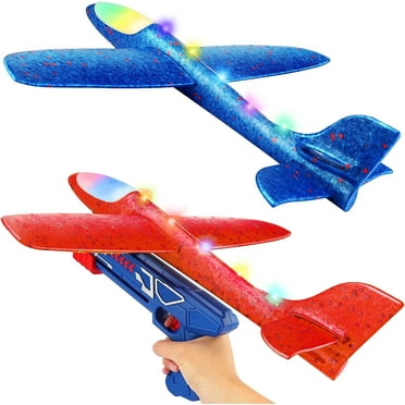 Large Airplane Toys with Launcher, 2 Flight Modes LED Light Foam Glider Planes, for Kids Xmas Birthday Gifts for 4 5 6 7 8 9 10 Year Old Boys Girls (2 Pack)