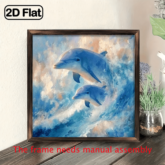 , Turquoise Blue Turquoise Dolphin Leaping Ocean Waves Canvas Poster - Wooden Framed Marine Wall Decor for Living Room, Office, Entryway - Modern Coastal Decor in Turquoise.