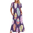 thumbnail image 2 of Fshaion Robe d'Été pour Femmes 2024 Grande Taille Décontractée à Manches Courtes Col Rond Robe Décontractée Fluide à Étages Maxi Robe de Plage avec Poches Imprimé Plume Robe en Liquidation à Moins de 10!, 2 of 6