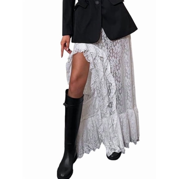 Women Floral Lace Maxi Skirts Sheer See Through Long Skirt Casual A Line Cover Up Beach Skirts White S