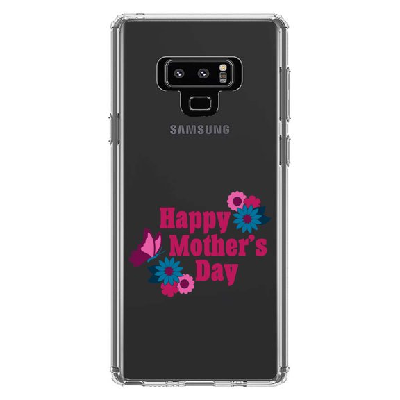 DistinctInk Clear Shockproof Hybrid Case for Samsung Galaxy Note 9 - TPU Bumper Acrylic Back Tempered Glass Screen Protector - Happy Mother's Day - Flowers Butterfly